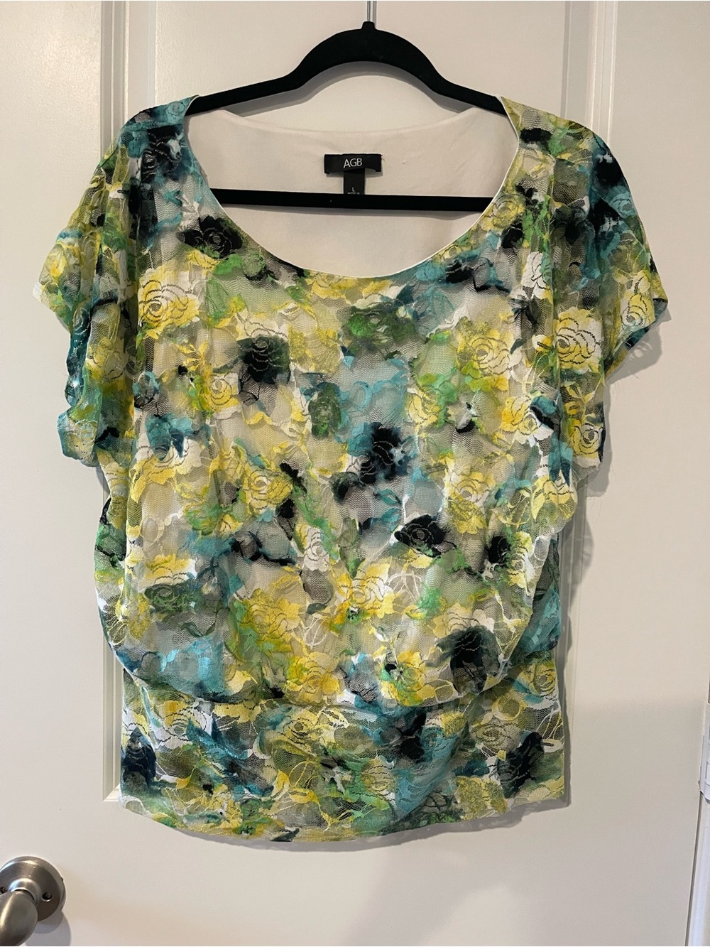 AGB Floral Sheer Scoop-Neck Blouse in Yellow, Teal & Black